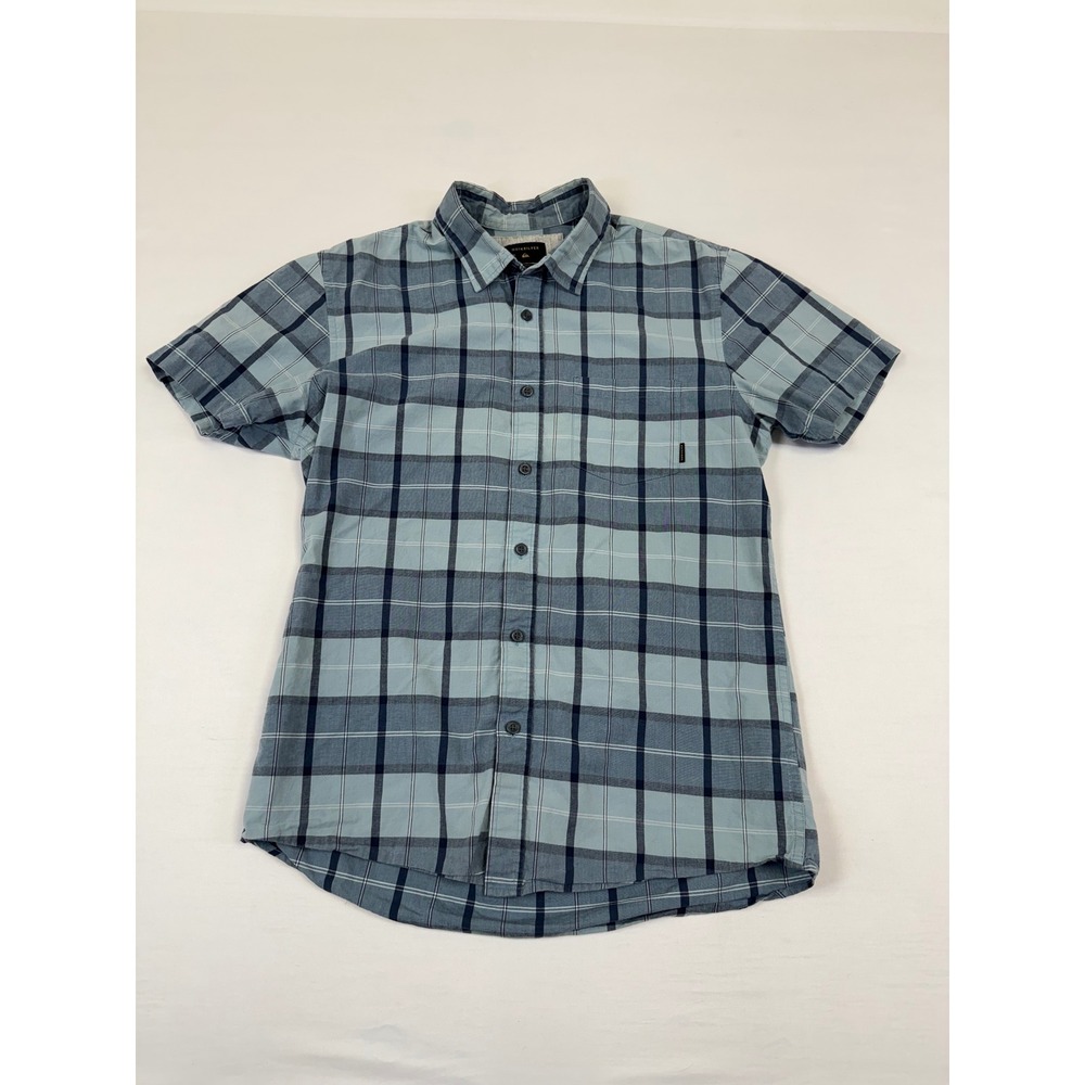 Quiksilver Mens Plaid Short Sleeve Button Up Shirt Blue Modern Fit Size Small